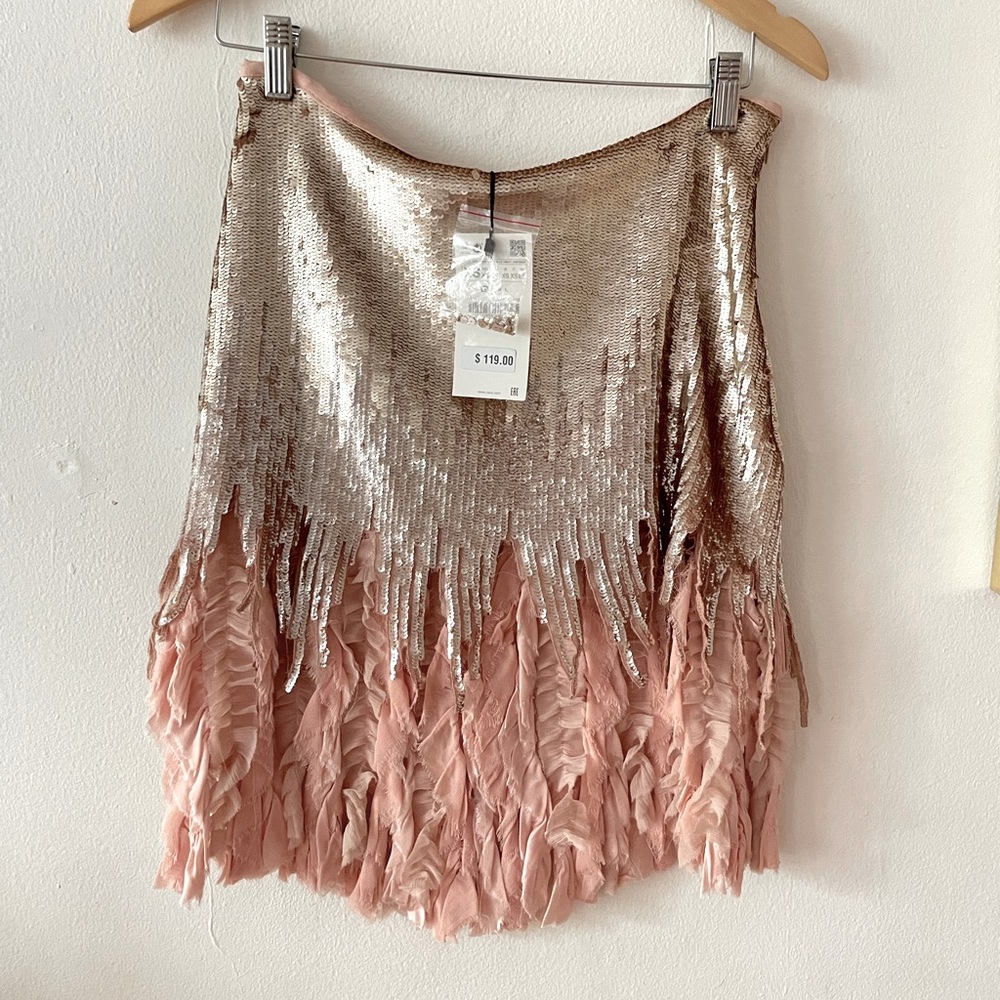 Zara Rose Gold Sequin Fringe Mini Skirt